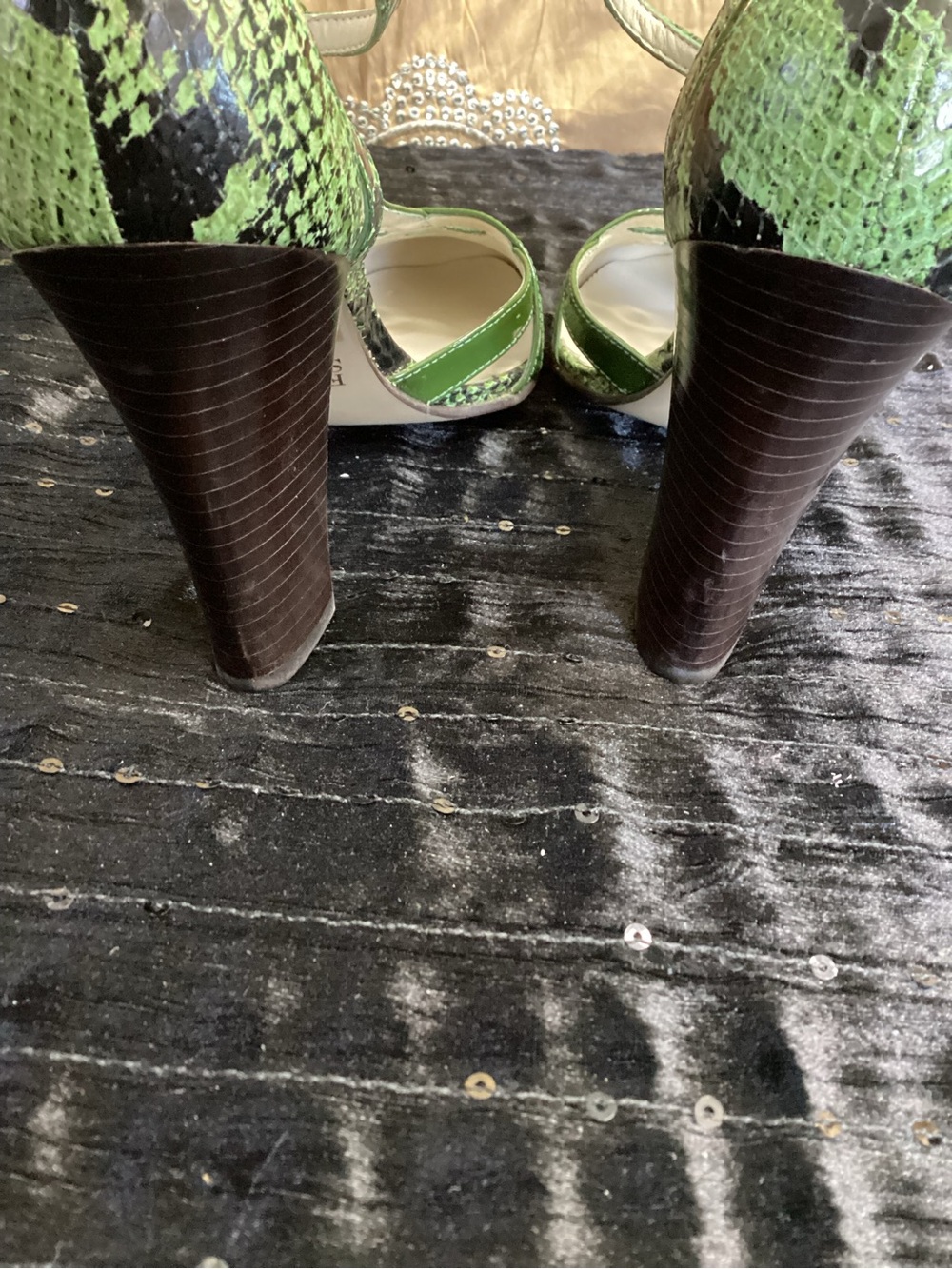 Vintage Franco Sarto Green Snake-Print T-Strap Heels 8M - Picture 12 of 14